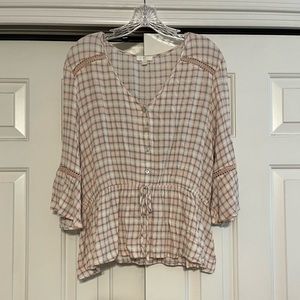 Charming Charlie's pink plaid bell sleeve blouse